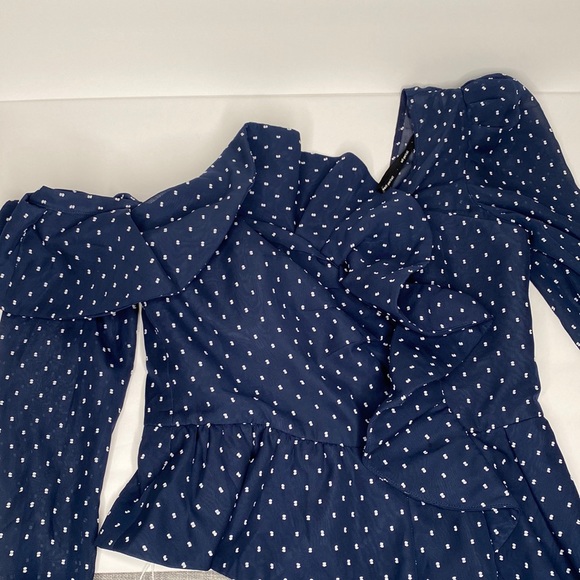 Self-Portrait Plumetis Frill One Shoulder Blouse Navy Blue Polka Dot Size 6 - Picture 16 of 16